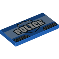 Visuel indicatif Rebrickable de Tuile 2 x 4 avec motif imprimé blanc 'POLICE', bouclier bleu et évents gris bleuté foncé (Tile 2 x 4 with White 'POLICE', Blue Shield and Dark Bluish Gray Vents Print)
