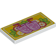 Visuel indicatif Rebrickable de Tuile 2 x 4 avec des boissons magenta avec des pailles et des agrumes sur fond jaune (Tile 2 x 4 with Magenta Drinks with Straws and Citrus Fruits on Yellow Background Pattern)