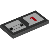 Visuel indicatif Rebrickable de Tuile 2 x 4 avec des carrés blancs dans les cercles noirs et le motif rouge numéro 1 (Tile 2 x 4 with White Squares in Black Circles and Red Number 1 Pattern)