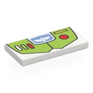Visuel indicatif Rebrickable de Tuile 2 x 4 avec armure à la vert citron, boutons blanc/rouge/jaune, oiseau sur fond bleu moyen motif imprimé (Buzz Lightyear) (Tile 2 x 4 with Lime Armour, White/Red/Yellow Buttons, Bird on Medium Blue Background Print (Buzz Lightyear))