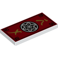 Visuel indicatif Rebrickable de Tuile 2 x 4 avec fond rouge, bord noir, or symboles asiatiques, motif imprimé mandala noir et blanc (Tile 2 x 4 with Red Background, Black Trim, Gold Asian Symbols, Black and White Mandala Print)