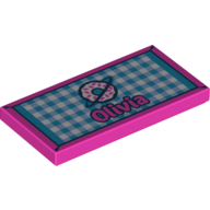 Visuel indicatif Rebrickable de Tuile 2 x 4 avec 'Olivia' sur damier bleu/blanc moyen, motif imprimé beignet (Tile 2 x 4 with 'Olivia' on Medium Blue/White Checkered Back, Donut Print)