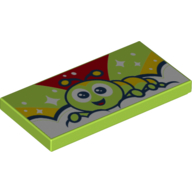Visuel indicatif Rebrickable de Tuile 2 x 4 avec chenille, vert citron/ciel rouge/jaune, étoiles blanches motif imprimé (Tile 2 x 4 with Caterpillar, Lime/Red/Yellow Sky, White Stars Print)