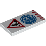 Visuel indicatif Rebrickable de Tuile 2 x 4 avec panneau de signalisation, symbole de casque de sécurité bleu, bandes d'avertissement rouges (Tile 2 x 4 with Road Works Sign, Blue Safety Helmet Symbol, Red Warning Stripes)