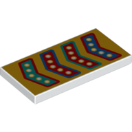 Visuel indicatif Rebrickable de Tuile 2 x 4 avec des flèches rouges, bleues et turquoise foncées sur fond jaune motif imprimé (Tile 2 x 4 with Red, Blue, and Dark Turquoise Arrows on Yellow Background Print)