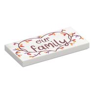 Visuel indicatif Rebrickable de Tuile 2 x 4 avec le rouge foncé 'OUR FAMILY', cœur de branche avec le motif imprimé de feuilles (Tile 2 x 4 with Dark Red 'OUR FAMILY', Branch Heart with Leaves Print)