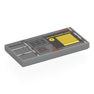 Visuel indicatif Rebrickable de Tuile 2 x 4 avec panneaux jaune gris bleuté foncé, grille, taches de corail, motif imprimé 'SOLAR CHARGE LEVEL' (Tile 2 x 4 with Yellow Dark Bluish Grey Panels, Grate, Coral Stains, 'SOLAR CHARGE LEVEL' Print)