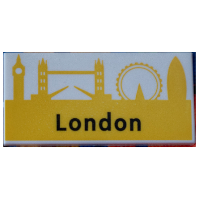 Visuel indicatif Rebrickable de Tuile 2 x 4 avec motif imprimé 'London' et repères jaunes (Tile 2 x 4 with 'London' and Yellow Landmarks Print)