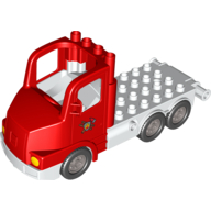 Visuel indicatif Rebrickable de Duplo camion grande cabine avec plaque plate blanche 4 x 8 et feu logo motif imprimé (Duplo Truck Large Cab with White 4 x 8 Flatbed Plate and Fire Logo Print)
