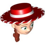Tête de minifigurine spéciale avec chapeau de cow-boy rouge, fer queue de cheval rouge avec sourire motif imprimé (Jessie) (Minifig Head Special with Red Cowboy Hat, Iron Red Ponytail with Smile Print (Jessie))