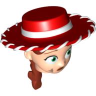 Tête de minifigurine spéciale avec chapeau de cow-boy rouge, fer queue de cheval rouge avec des taches de saleté motif imprimé (Jessie) (Minifig Head Special with Red Cowboy Hat, Iron Red Ponytail with Dirt Stains Print (Jessie))