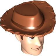 Tête de minifigurine spéciale avec chapeau de cowboy orange foncé et sourire motif imprimé (Woody) (Minifig Head Special with Dark Orange Cowboy Hat and Smile Print (Woody))