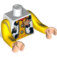 Torse avec de longs bras, gilet avec motif imprimé vache avec des taches de saleté et une étoile de shérif sur le motif imprimé chemise jaune (boisé), bras jaunes, mains nougat clair (Torso with Long Arms, Vest with Cow-Print with Dirt Stains and Sheriff Star over Yellow Shirt Print (Woody), Yellow Arms, Light Nougat Hands)