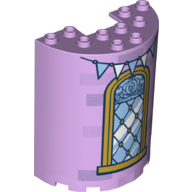 Visuel indicatif Rebrickable de Demi-cylindre 3 x 6 x 6 avec 1 x 2 découpe avec fenêtre, volet doré, drapeau bleu blanc/moyen, motif imprimé briques (Cylinder Half 3 x 6 x 6 with 1 x 2 Cutout with Window, Gold Pane, White/Medium Blue Flag, Bricks Print)