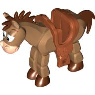 Visuel indicatif Rebrickable de Animal, cheval 'Bullseye' avec visage beige, selle orange foncé, crinière brun foncé, queue, sabots imprimé (Animal, Horse 'Bullseye' with Tan Face, Dark Orange Saddle, Dark Brown Mane, Tail, Hooves Print)