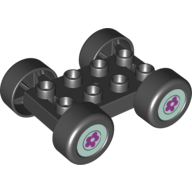 Visuel indicatif Rebrickable de Base de voiture Duplo, 2 x 4 avec pneus noirs et moyeu vert d’eau léger avec roues à fleurs motif imprimé (Duplo Car Base, 2 x 4 with Black Tires and Light Aqua Hub with Flower Wheels Print)