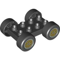 Visuel indicatif Rebrickable de Duplo Car Base 2 x 4 avec pneus noirs et roues à rayons jaunes 'Y' (Duplo Car Base 2 x 4 with Black Tires & Yellow 'Y' Spoke Wheels)