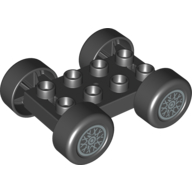 Visuel indicatif Rebrickable de Châssis de voiture Duplo 2 x 4 avec pneus noirs et roues argentées à rayons en 'X' (Duplo Car Base 2 x 4 with Black Tires & Silver 'X' Spoke Wheels)