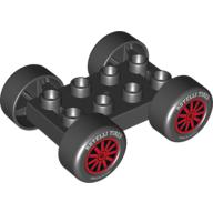 Visuel indicatif Rebrickable de Base de voiture Duplo, 2 x 4 avec pneus noirs et rayons rouges, 'Rotelli Tires' et 'Pasta Potenza' (Duplo Car Base, 2 x 4 with Black Tires and Red Spokes, 'Rotelli Tires' and 'Pasta Potenza' Wheels Print)