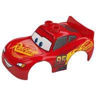 Duplo carrosserie 2 tenons supérieurs et spoiler avec la foudre mcqueen rouille-eze, et les yeux larges et sourire motif imprimé (Duplo Car Body 2 Top Studs and Spoiler with Lightning McQueen Rust-Eze, and Wide Eyes and Smile Print)