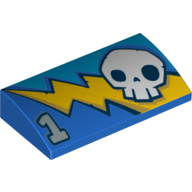 Visuel indicatif Rebrickable de Brique courbée 2 x 4 x 2/3 sans tenons avec crâne et motif imprimé éclair stylisé (Brick Curved 2 x 4 x 2/3 No Studs with Skull and Stylized Lightning Bolt Print)