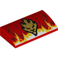 Visuel indicatif Rebrickable de Brique courbée 2 x 4 x 2/3 Non tenons avec Flammes et motif imprimé tête de lion d'or (Brick Curved 2 x 4 x 2/3 No Studs with Flames and Gold Lion Head Print)