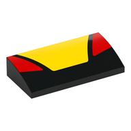 Visuel indicatif Rebrickable de Brique courbée 2 x 4 x 2/3 Non tenons avec trapèze jaune, motif imprimé Triangles rouges (Brick Curved 2 x 4 x 2/3 No Studs with Yellow Trapezoid, Red Triangles Print)