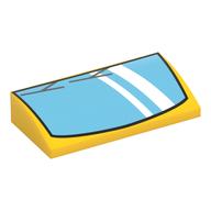 Visuel indicatif Rebrickable de Brique courbée 2 x 4 x 2/3 sans tenons avec pare-brise bleu moyen, essuie-glaces argent motif imprimé (Brick Curved 2 x 4 x 2/3 No Studs with Medium Blue Windscreen, Silver Wipers Print)
