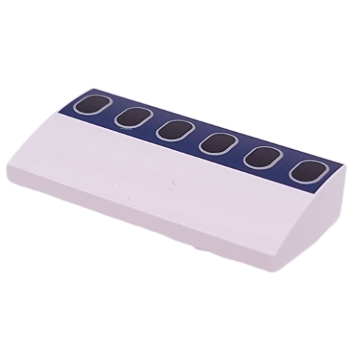 Visuel indicatif Rebrickable de Brique courbée 2 x 4 x 2/3 Non tenons avec des rayures bleues foncées, motif imprimé de fenêtres d'avion noir (Brick Curved 2 x 4 x 2/3 No Studs with Dark Blue Stripes, Black Airplane Windows Print)