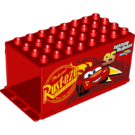 Visuel indicatif Rebrickable de Duplo camion / semi-remorque conteneur 4 x 8 x 3,5, avec la foudre mcqueen, et rouille-eze logo (mack) motif imprimé (Duplo Truck / Semi-Tractor Container 4 x 8 x 3.5, with Lightning McQueen, and Rust-eze Logo (Mack) Print)