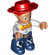 Visuel indicatif Rebrickable de Figurine Duplo avec chapeau de cow-boy, jambes bleu foncé avec des taches de peau de vache et des détails jaunes sur les chemises imprimées (Jessie) (Duplo Figure with Cowboy Hat, Dark Blue Legs with Cow Skin Patches and Yellow Details on Shirts Print (Jessie))