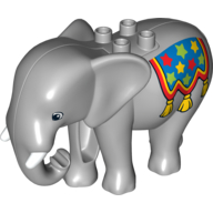 Visuel indicatif Rebrickable de Éléphant animal Duplo, tête stationnaire adulte avec défenses moulées avec couverture bleue avec pompons et motif imprimé d'étoiles (Duplo Animal Elephant, Adult Stationary Head with Molded Tusks with Blue Blanket with Tassels and Stars Print)
