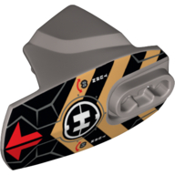 Visuel indicatif Rebrickable de Grande couverture de membre de figurine, taille 5, armure avec prise de rotule avec flèches rouges, chevrons noirs et or, et motif imprimé de logo d'usine de héros (Large Figure Limb Cover, Size 5, Armor with Ball Joint Socket with Red Arrows, Black and Gold Chevrons, and Hero Factory Logo Print)