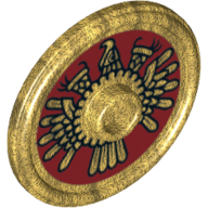 Visuel indicatif Rebrickable de Bouclier rond avec tenon et rebord surélevé avec motif imprimé Aztec Quetzal rouge foncé et noir (Shield Round with Stud and Raised Rim with Dark Red and Black Aztec Quetzal Print)