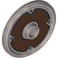 Visuel indicatif Rebrickable de Bouclier rond avec tenon et rebord surélevé avec anneau brun foncé et 4 rivets motif imprimé (Shield Round with Stud and Raised Rim with Dark Brown Ring and 4 Rivets Print)
