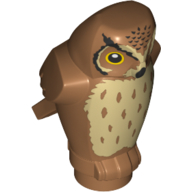 Visuel indicatif Rebrickable de Animal, Oiseau, Petit hibou, Angulaire Caractéristiques avec bec noir et pointes avant, yeux jaunes et plumes de poitrine beige motif imprimé (Animal, Bird, Owl Small, Angular Features with Black Beak and Forehead Spots, Yellow Eyes and Tan Chest Feathers Print)