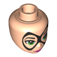 Tête de mini-poupée, mince masque pointu noir, yeux vert vif et lèvres rose foncé motif imprimé (Batgirl) (Minidoll Head, Thin Black Pointed Mask, Bright Green Eyes and Dark Pink Lips Print (Batgirl))