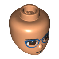 Tête de mini-poupée, lunettes bleu foncé, yeux bruns, motif imprimé poupe (Minidoll Head, Dark Blue glasses, Brown Eyes, Stern Print)