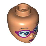 Visuel indicatif Rebrickable de Tête de mini-poupée, lunettes de sable rose foncé, lunettes bleu clair vif, bulles, motif : lèvres rose foncé (Minidoll Head, Sand Dark Pink Goggles, Bright Light Blue Glasses, Bubbles, Dark Pink Lips Print)