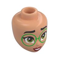 Tête de mini-poupée, sourcils noirs, lunettes vertes, yeux vert olive, lèvres rouge foncé, bouche ouverte (Minidoll Head, Black Eyebrows, Green Glasses, Olive Green Eyes, Dark Red Lips, Open Mouth)