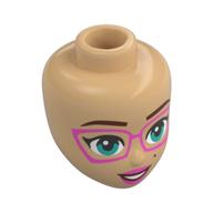 Tête de mini-poupée, sourcils brun foncé, yeux turquoise foncé, lèvres roses, lunettes roses (Minidoll Head, Dark Brown Eyebrows, Dark Turquoise Eyes, Pink Lips, Pink Glasses)