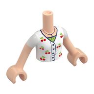 Visuel indicatif Rebrickable de Torse de mini-poupée Fille avec chemise blanche, cerises, chemise vert citron, bleu foncé Collier motif imprimé, bras et mains nougat clair (Minidoll Torso Girl with White Shirt, Cherries, Lime Shirt, Dark Blue Necklace Print, Light Nougat Arms and Hands)