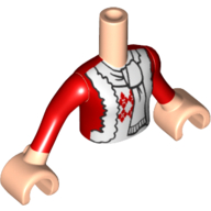 Visuel indicatif Rebrickable de Torse de mini-poupée Fille avec veste de vacances rouge avec garniture blanche, chandail Argyle et cicatrice blanche, motif imprimé à manches rouges, bras et mains nougat clair (Minidoll Torso Girl with Red Holiday Jacket with White Trim, Argyle Sweater and White Scar, Red Sleeves Print, Light Nougat Arms and Hands)