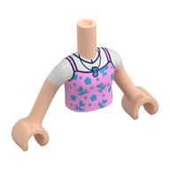 Torse de mini-poupée Fille avec le dessus rose vif, les fleurs bleues moyennes, le pendentif de note de musique, le motif imprimé blanc de chemise, bras et mains nougat clair (Minidoll Torso Girl with Bright Pink Top, Medium Blue Flowers, Music Note Pendant, White Shirt Print, Light Nougat Arms and Hands)