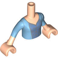 Visuel indicatif Rebrickable de Torse de mini-poupée Fille avec robe bleu clair lumineux avec motif imprimé de dentelle argentée, bras et mains de nougat clair (Minidoll Torso Girl with Bright Light Blue Dress with Silver Lacework Print, Light Nougat Arms And Hands)