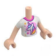 Visuel indicatif Rebrickable de Torse de mini-poupée Fille avec chemise blanche, col rose foncé, licorne sur motif imprimé cercle rose vif, bras et mains nougat clair (Minidoll Torso Girl with White Shirt, Dark Pink Collar, Unicorn on Bright Pink Circle Print, Light Nougat Arms and Hands)
