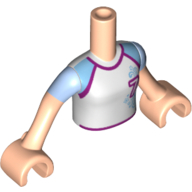 Visuel indicatif Rebrickable de Torse de mini-poupée Fille avec maillot de football blanc avec '7, motif imprimé manches courtes bleu clair, bras et main de nougat clair (Minidoll Torso Girl with White Soccer Jersey with '7, Bright Light Blue Short Sleeves Print, Light Nougat Arms and Hand)
