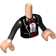 Visuel indicatif Rebrickable de Torse de mini-poupée Fille avec veste noire avec noeud papillon et motif imprimé Cummerbund, manches noires et mains de nougat clair (Minidoll Torso Girl with Black Jacket with Bow Tie and Cummerbund Print, Black Sleeves and Light Nougat Hands)