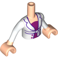 Visuel indicatif Rebrickable de Torse de mini-poupée Fille avec veste blanche avec motif imprimé dessus magenta, manches blanches et mains de nougat clair (Minidoll Torso Girl with White Jacket with Magenta Top Print, White Sleeves and Light Nougat Hands)