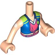 Visuel indicatif Rebrickable de Mini-poupée torse fille avec bleu/vert citron/corail chemise, bouclier, bleu foncé col motif imprimé, capteur de glucose lumière nougat bras et mains (Minidoll Torso Girl with Blue/Lime/Coral Shirt, Shield, Dark Blue Collar Print, Glucose Sensor Light Nougat Arms and Hands)